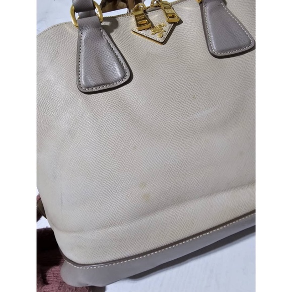 Pre owned Prada Pomenade Saffiano mediumTwo Tone Leather Dome Satchel Taupe - Picture 13 of 16